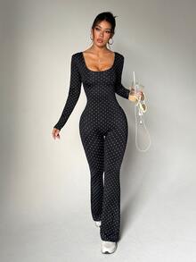 SHEIN Dewbera Women's Polka Dot Print Long Sleeve Flare Leg Jumpsuit - Black - View 3