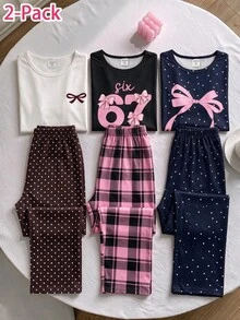 2件組女童時尚新款黑色極簡純色67蝴蝶結組合圖案印花圓領套頭長袖上衣，搭配經典粉色格紋長褲，休閒舒適居家服 - 黑色 - 查看 1