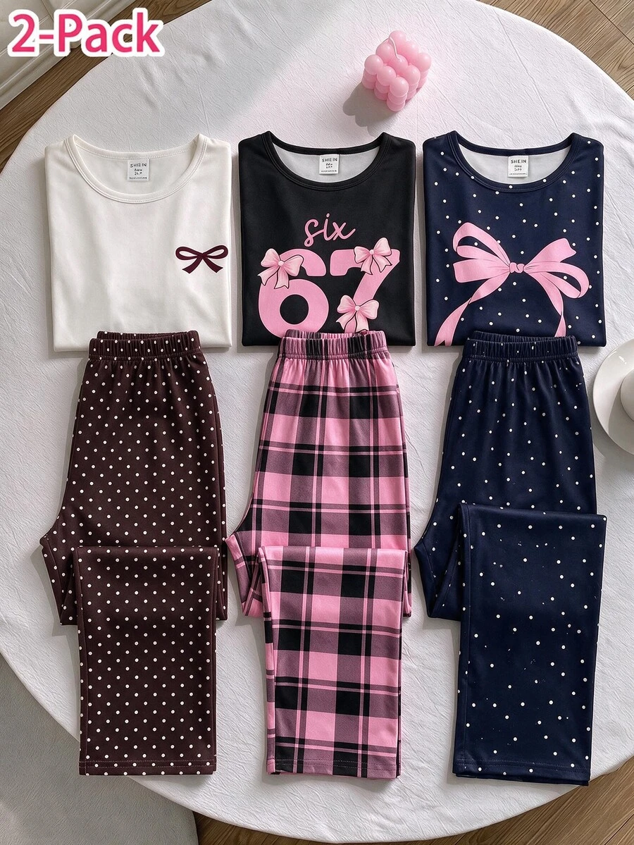 2件組女童時尚新款黑色極簡純色67蝴蝶結組合圖案印花圓領套頭長袖上衣，搭配經典粉色格紋長褲，休閒舒適居家服 - 黑色 - 查看 1