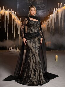 Glamrae Plus Size Elegant Romantic Glamorous Black & Nude Contrast Cold Shoulder Ruffle Fitted Mermaid Hem Evening Gown, Suitable For Evening Party, Date, Ball, Vacation, Wedding, Event, Heavily Embellished - Multicolor - View 7