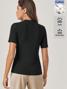 SHEIN BASICS 女款圓領短袖休閒百搭T恤 - 黑色 - 查看 5