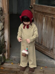 DAZY Infant/Toddler (Girl) Korean Style Casual Long Sleeve Sweater & Long Pants 2 Pieces Set - Khaki - View 5
