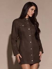 Maija Women's Street Style Button-Up Waist Long Sleeve Denim Dress - Brown - View 3