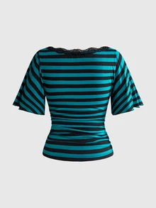 ROMWE Y2K Women's Off-Shoulder Striped Lace T-Shirt - Multicolor - View 2