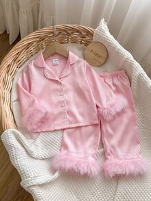 Dozemod Baby Girl Sweet Minimalist Bow Pattern Lapel Button Ruffle Trim Long Sleeve Long Pants Comfortable Skin-Friendly Knit Pajama Set 2pcs - Baby Pink - View 1
