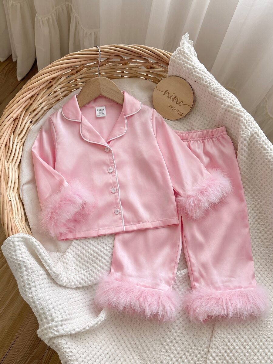 Dozemod Baby Girl Sweet Minimalist Bow Pattern Lapel Button Ruffle Trim Long Sleeve Long Pants Comfortable Skin-Friendly Knit Pajama Set 2pcs - Baby Pink - View 1