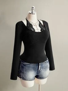 SHEIN ICON Women's Plus Size Lace Patchwork Casual Versatile Daily Wear T-Shirt - Black - View 5