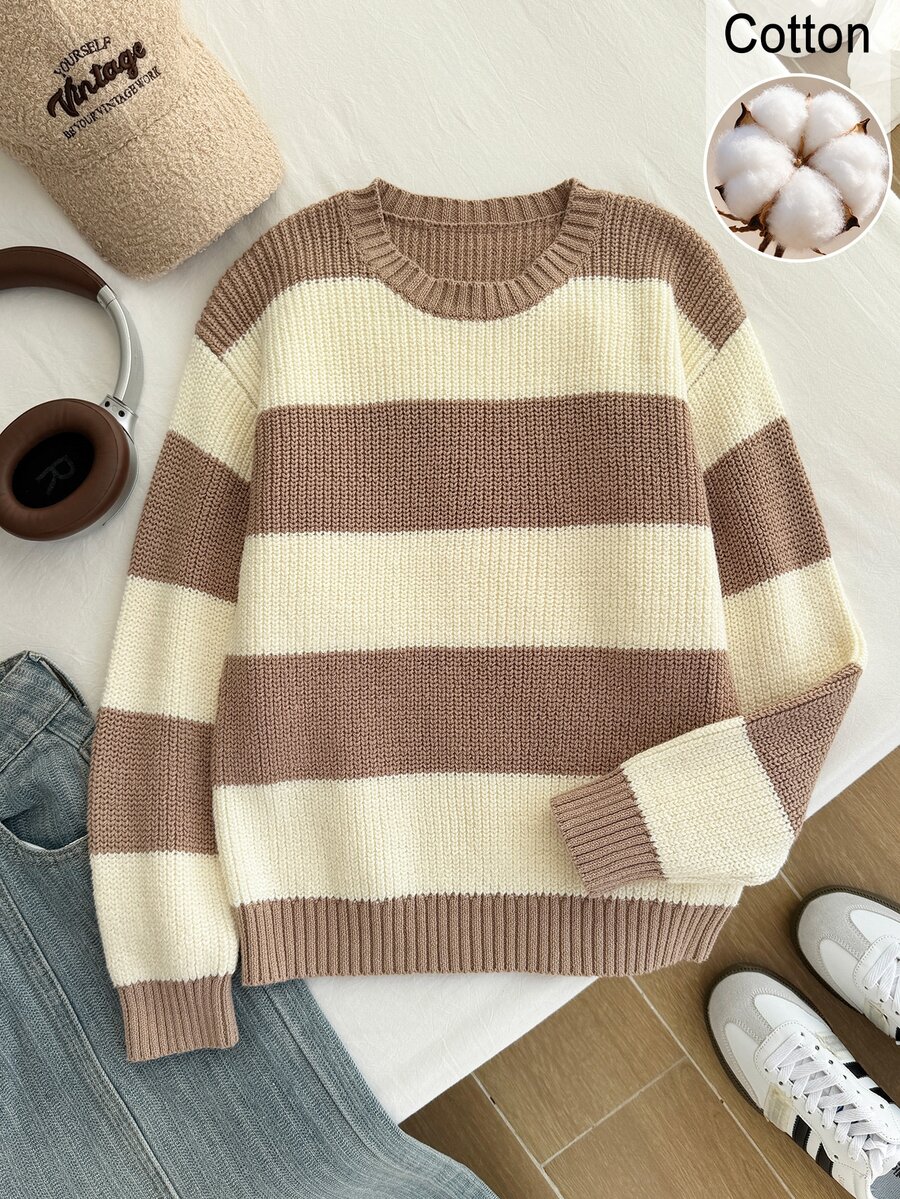 SHEIN 1件女童毛衣,時尚經典拼色白色,極簡街頭風百搭圓領休閒寬鬆款,適中厚度,秋冬穿著 - 彩色 - 查看 1