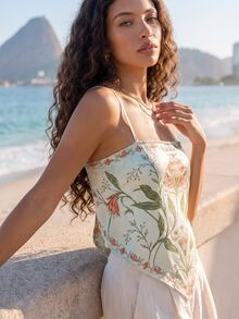 CAJUNI Women's Floral Print Casual Daily Wear Camisole Top - Olive Green - View 2