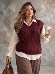Ceyna Plus Size Women Solid Color Casual Daily Wear Knit Top - Burgundy - View 4