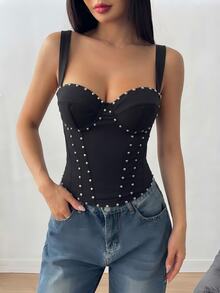 INAWLY Black Wide Strap Fitted Latin Fishbone Waist-Cinching Underwire Back Tie Top - Black - View 5