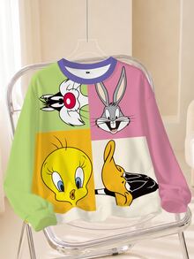 LOONEY TUNES X SHEIN 女款可愛卡通印花長袖運動衫 - 白色 - 查看 1