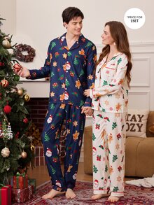 CoupledUp Vintage Santa Claus Gingerbread Man Snowflake Print Boys' Collared Long Sleeve Pajamas Loose Fit Loungewear - Blue - View 7