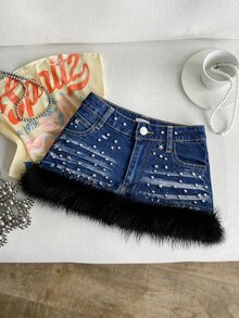 Elamini Women's Plush Patchwork Fashion Versatile Denim Mini Skirt - Blue - View 3
