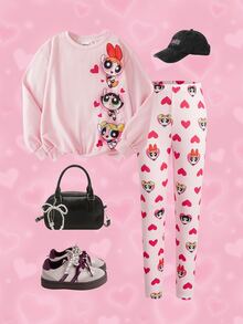 THE POWERPUFF GIRLS X SHEIN Tween Girl Cartoon Print Long Sleeve Sweatshirt And Leggings Set - Pink - View 3