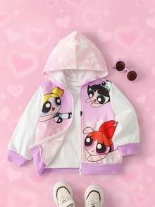 THE POWERPUFF GIRLS X SHEIN هودي بسحاب مطبوع برسومات كرتونية للفتيات الصغيرات - وردي - مشاهدة 2
