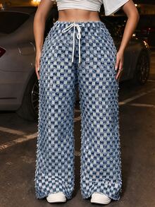 Slaydiva Festival Plus Size Women's Blue And White Plaid Non-Stretch Slim Straight Leg Jeans - Light Wash - View 1