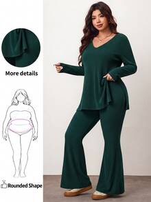 Enliva Plus Size Chocolate Brown Autumn Loungewear Casual Soft Form Ribbed 2 Pieces Set Curve Friendly Homewear Compatible With Apple Rounded Women Clothing Sets - Dark Green - View 1