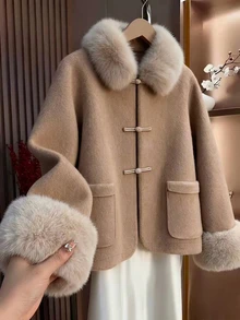 Balvessa Winter Women's Plush Patchwork Casual Versatile Wool Blend Jacket - Khaki - View 4