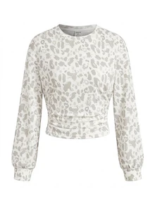 Light Leopard Print, Teen Girls Fall/Winter Back To Basic Solid Color Pleated Asymmetrical Neck Long Sleeve Pullover - Multicolor - View 2