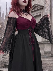Whyspr Goth Plus Size Halloween Burgundy Patchwork Asymmetrical Hem Witch Camisole Tie-Up Dress - Multicolor - View 4