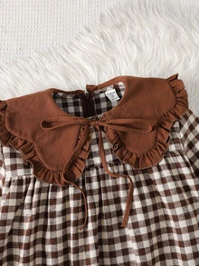 SHEIN Tween Girl Tween Girl Tween Girl Autumn/Winter Daily Pastoral Plaid Patchwork Peter Pan Collar Dress - Brown - View 7