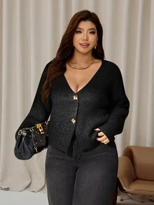 Auralis 女款V領金屬鈕扣時尚極簡長袖開襟針織衫 冬季 - 黑色 - 查看 9