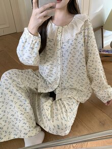 DAZY Women's Ditsy Floral Long Sleeve Single-Breasted Top And Pants Loungewear Set - Beige - View 10