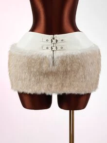 Mistrie Women's Sexy Faux Fur & Metal Button Patchwork Skirt - White - View 3