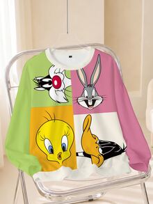 LOONEY TUNES X SHEIN Plus Size Crew Neck Cartoon Graphic Print Long Sleeve Sweatshirt - White - View 1