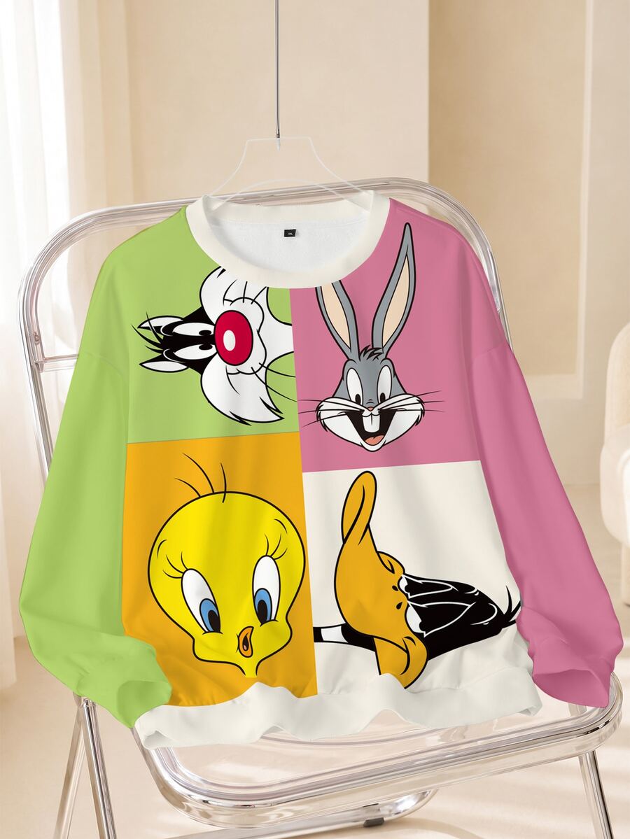 LOONEY TUNES X SHEIN Plus Size Crew Neck Cartoon Graphic Print Long Sleeve Sweatshirt - White - View 1