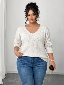 Elenzga Plus Size Women's Casual Loose Hollow Out Round Neck Plus Size Pullover Sweater, Suitable For Daily Wear, Spring/Autumn Fall Winter Cloth For Women - White - View 5