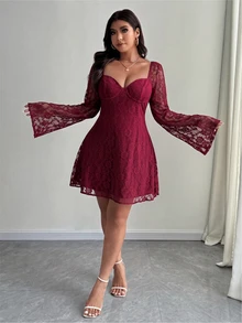 SHEIN Unity 大尺碼優雅白色蕾絲喇叭袖洋裝，秋季女款婚禮雞尾酒會約會晚裝 - 紅色 - 查看 1
