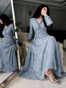 Modelyn Women Dusty Blue V Neck Ruffle Long Sleeve Midi Dress, Elegant Flowy A Line Fall Dress, Modest Wedding Guest Evening Party Dress For Autumn - Blue - View 8