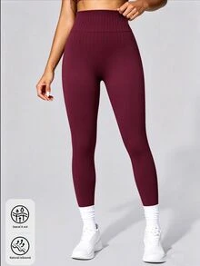 Easithlete Easithlete 女款純色高腰日常健身運動緊身褲 - 酒紅色 - 查看 4