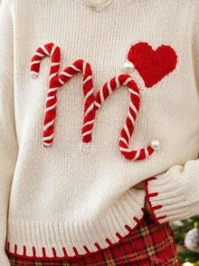 Bytebia Bytebia Women's Heart Pattern Round Neck Drop Shoulder Long Sleeve Casual Christmas Sweater - Red and White - View 5