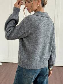 SHEIN Soft & Cozy Slouchy Loose Fit Polo Collar Knit Sweater Grey - Grey - View 3