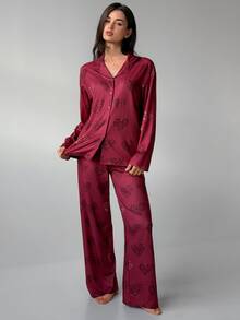 DAZY Women's Leopard Print Button-Up Top And Long Pants Pajama Set - Red - View 6