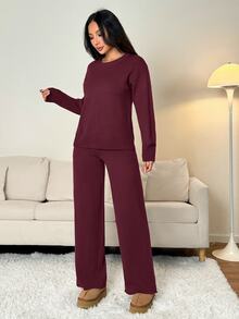 SHEIN PETITE 女款純色圓領長袖毛衣與長褲休閒套裝，標準版型，秋冬小個子居家室內度假咖啡棕 - 中紫紅色 - 查看 3