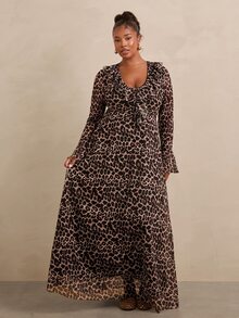 Travachic Plus Size Women's Ruffle Hem Leopard Print Dress Fall Formal Party Evening Beige Elegant - Brown - View 5