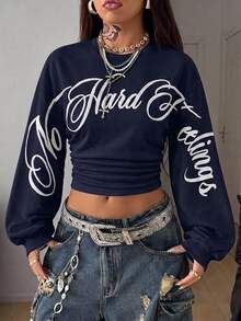 Coolane Women's Solid Color Round Neck Long Sleeve Ruched Casual Sweatshirt - Navy Blue - View 7