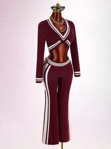 Amplova Autumn/Winter Campus Minimalist Daily Date Colorblock Striped Flare Knit Pants - Suitable For Dates And Back To School Season - Brown - View 7