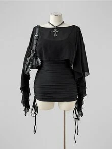 SHEIN CURVE+ Plus Size Women Solid Color Boat Neck Extra Long Sleeve Top And Pleated Cami Dress Set - Black - View 5