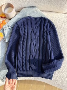SHEIN 秋冬季青少年女孩優雅V領長袖麻花編織針織毛衣套頭衫，保暖舒適柔軟，適合節慶、學校、聖誕聚會 - 藏蓝色 - 查看 2