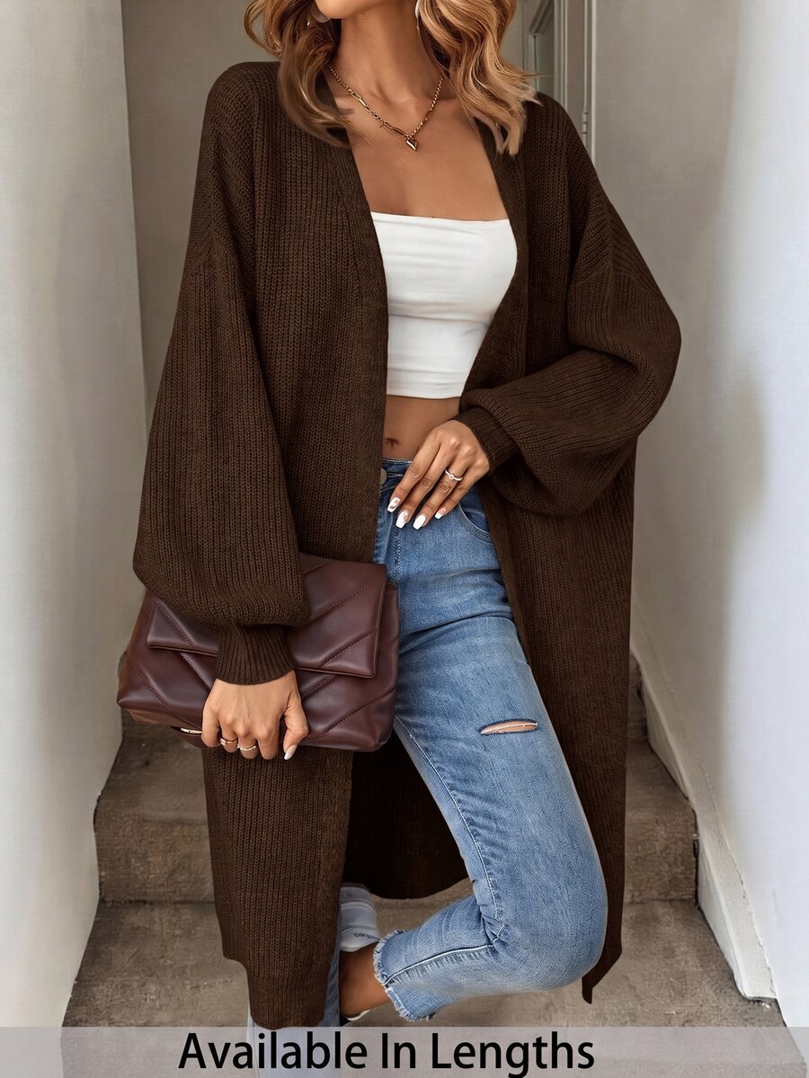 SHEIN Tall CURVE Plus Size Drop Shoulder Ribbed Knit Duster Cardigan,Long Sleeve Tops For Women Curve Tall In Fall/Winter - Coffee Brown - View 1