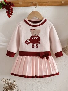 Souflis Souflis 女嬰可愛小熊提花裝飾圓領套頭 A 字洋裝，附百褶下擺與手工蝴蝶結裝飾，舒適適合外出與旅行 - 粉色 - 查看 5
