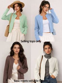 SHEIN BASICS 女款純色單排扣休閒百搭長袖開襟衫，適合日常外出、商務辦公、早午餐，米白色，秋季教師節 - 綠色 - 查看 9