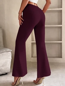 SHEIN PETITE 女款素色優雅喇叭長褲，適合辦公與通勤 - 紫紅色 - 查看 2