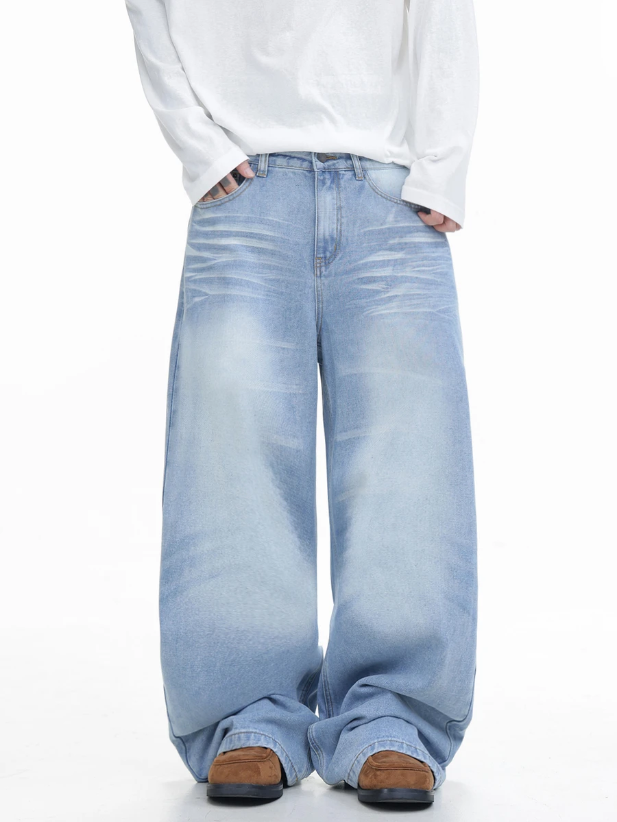 QuarKem American Washed Spray Distressed 3D Crinkled Cat Whisker Design Men's Loose Casual Versatile Denim Jeans - Blue - View 1