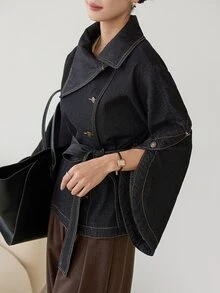 Dazy-Less Autumn Cotton Black Turn-Down Collar Button Pocket Decor Washed Loose Long Sleeve Short Denim Jacket Coat For Women - Black - View 5